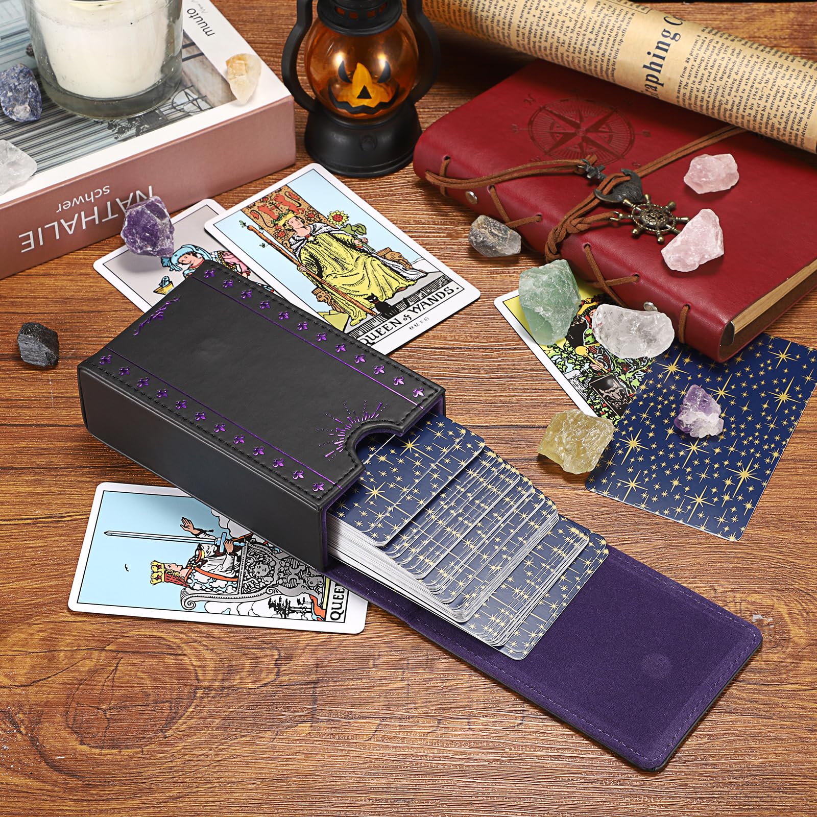 JUXYES PU Leather Tarot Card Case with Moon Pattern - Magnetic Closure Protective Pouch for Standard Size Decks