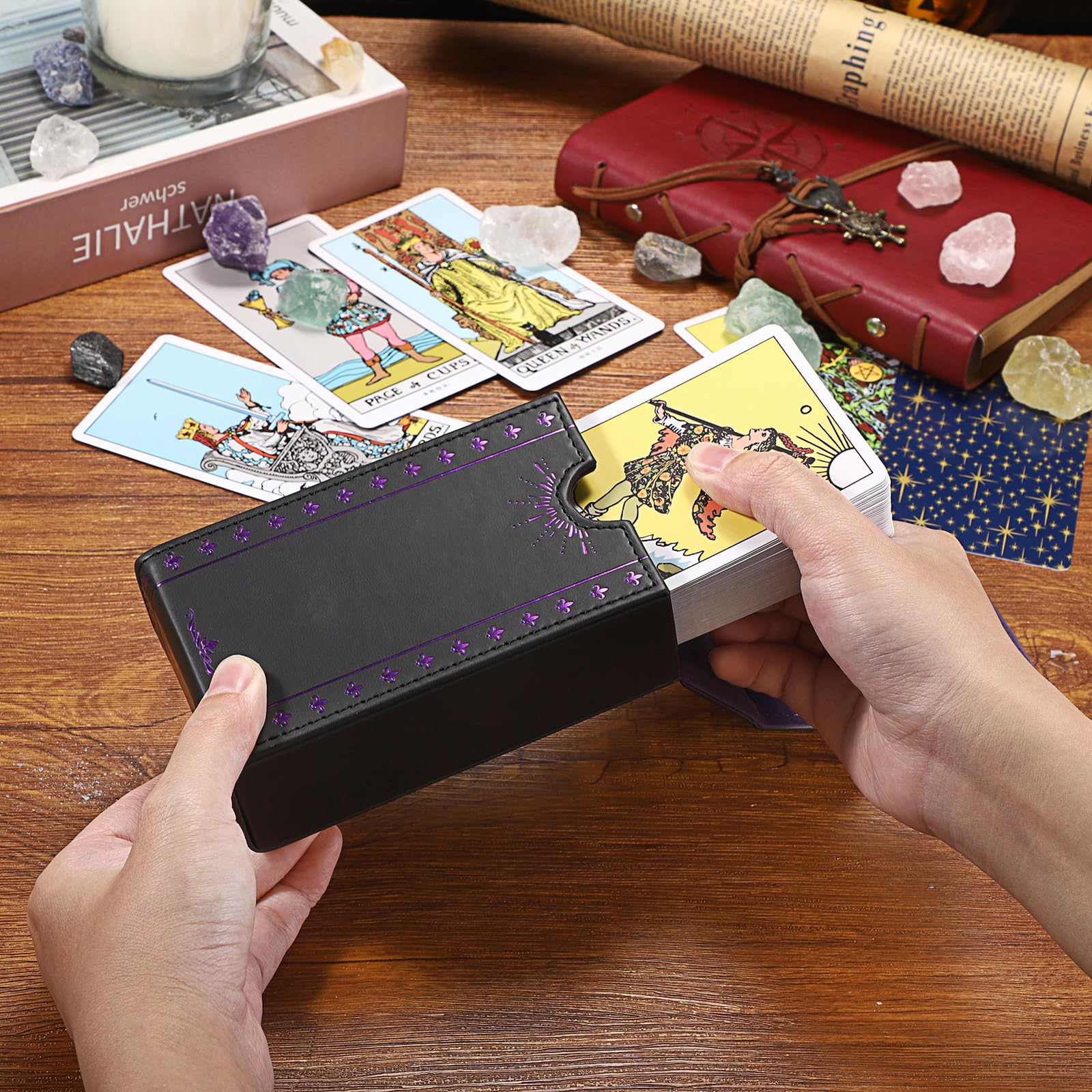 JUXYES PU Leather Tarot Card Case with Moon Pattern - Magnetic Closure Protective Pouch for Standard Size Decks