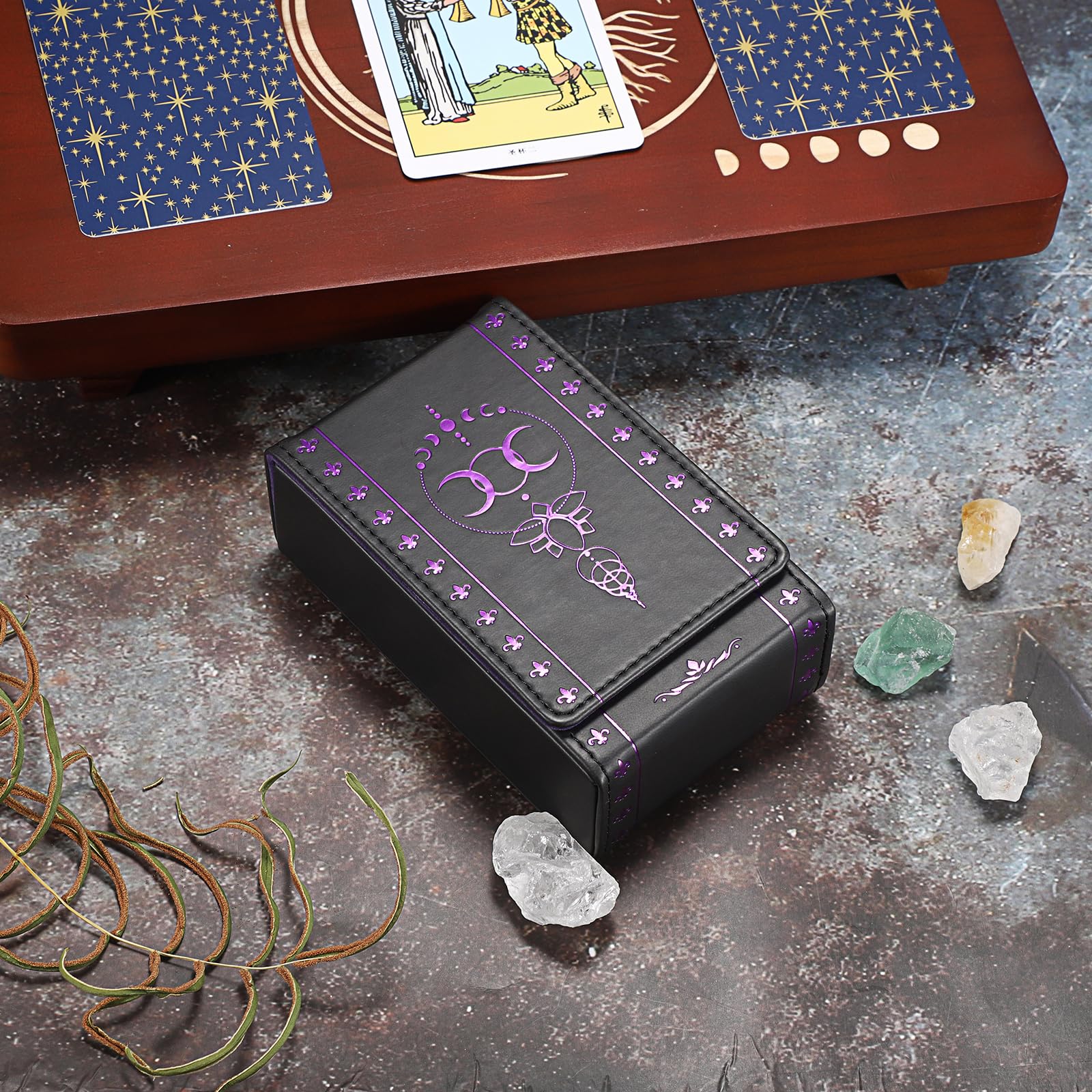 JUXYES PU Leather Tarot Card Case with Moon Pattern - Magnetic Closure Protective Pouch for Standard Size Decks