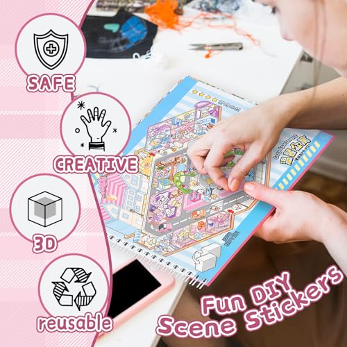 J.WMEET 10-Pack Big 3D Sticker Scenes Book - DIY Make-Your-Own House Stickers for Adults, Stress Relief, Pink
