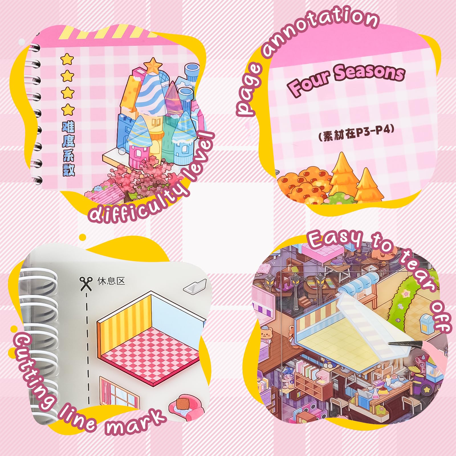 J.WMEET 10-Pack Big 3D Sticker Scenes Book - DIY Make-Your-Own House Stickers for Adults, Stress Relief, Pink