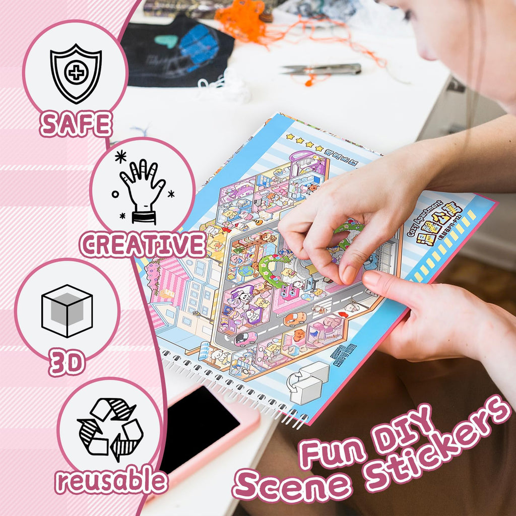 J.WMEET 10-Pack Big 3D Sticker Scenes Book - DIY Make-Your-Own House Stickers for Adults, Stress Relief, Pink