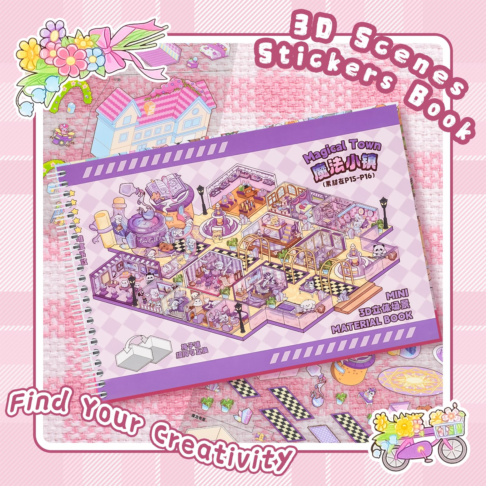 J.WMEET 10-Pack Big 3D Sticker Scenes Book - DIY Make-Your-Own House Stickers for Adults, Stress Relief, Pink