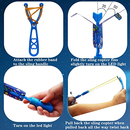 JX Rocket Slingshot Flying Toys with LED Lights - 12 Pack Glow in Dark Helicopters for Kids Outdoor Party