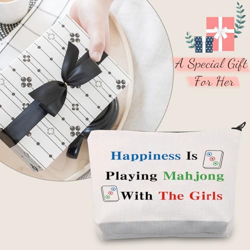 JXGZSO Mahjong Bag: Canvas Pouch with 'Happiness Is Playing Mahjong' Print