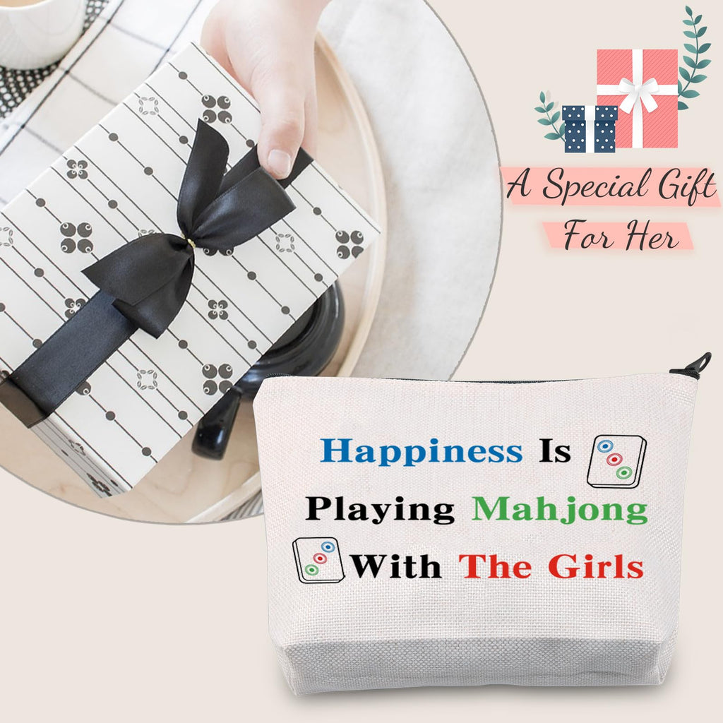 JXGZSO Mahjong Bag: Canvas Pouch with 'Happiness Is Playing Mahjong' Print