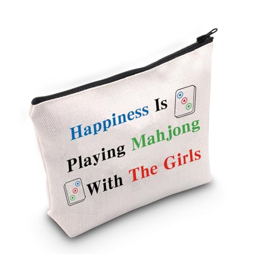 JXGZSO Mahjong Bag: Canvas Pouch with 'Happiness Is Playing Mahjong' Print