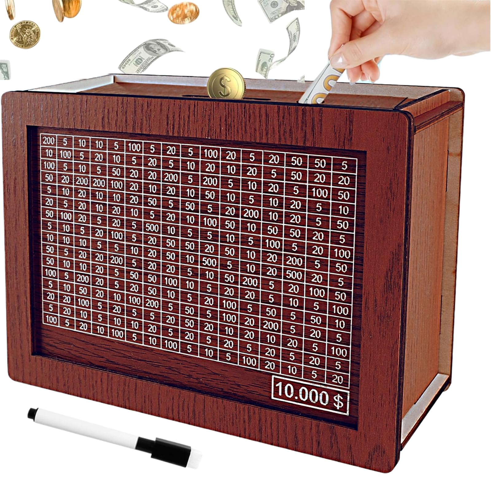 Jxueych 10k Savings Challenge Box – Wooden Piggy Bank with Counter, Dark Brown