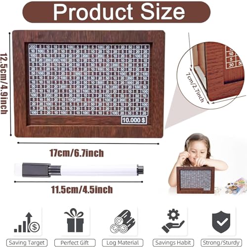Jxueych 10k Savings Challenge Box – Wooden Piggy Bank with Counter, Dark Brown