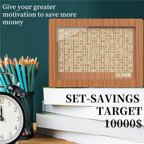 Jxueych 10k Savings Challenge Box – Wooden Piggy Bank with Counter, Dark Brown