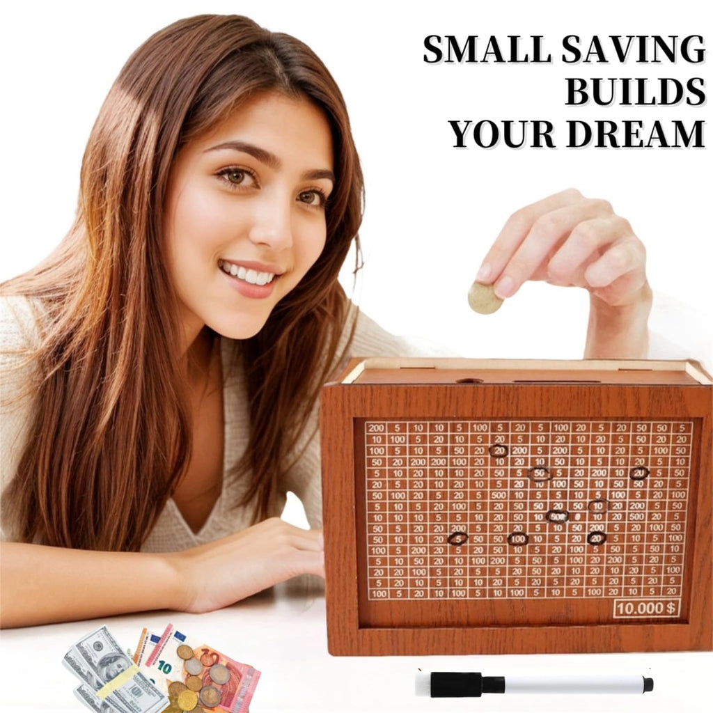 Jxueych 10k Savings Challenge Box – Wooden Piggy Bank with Counter, Dark Brown