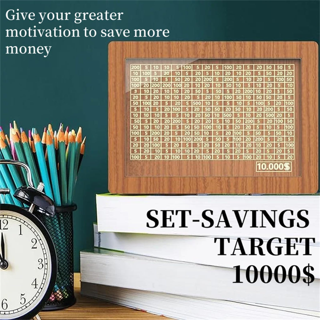 Jxueych 10k Savings Challenge Box – Wooden Piggy Bank with Counter, Dark Brown