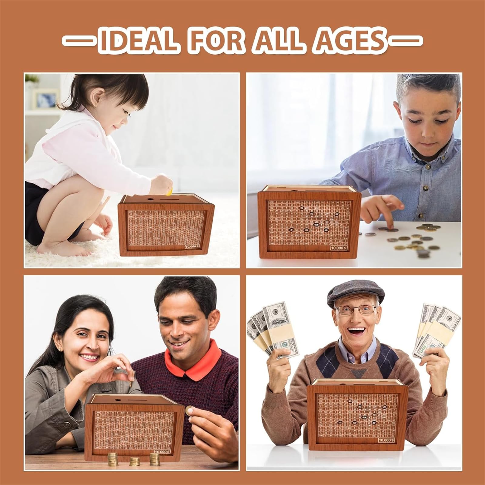Jxueych 10k Savings Challenge Box – Wooden Piggy Bank with Counter, Dark Brown
