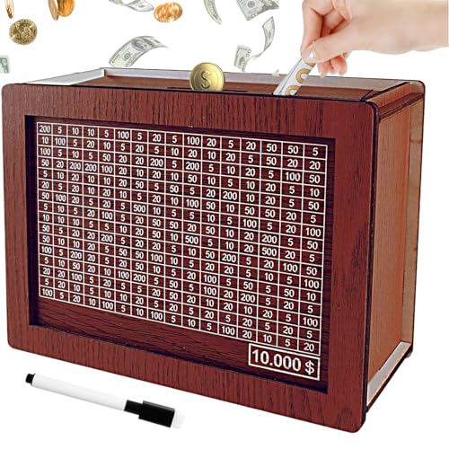 Jxueych 10k Savings Challenge Box – Wooden Piggy Bank with Counter, Dark Brown