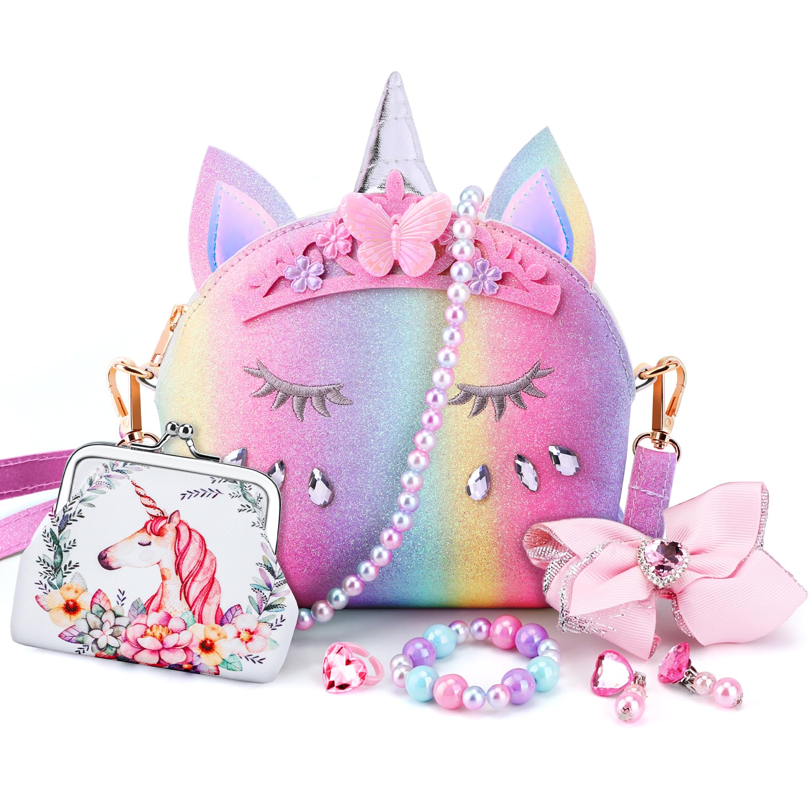 JYPS 7-Piece Toddler Purse Set with Pretend Play Jewelry – Unicorn Rainbow Crown Design for Girls Ages 2-9