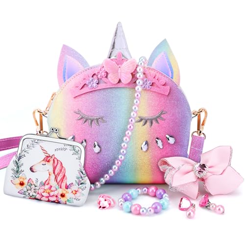 JYPS 7-Piece Toddler Purse Set with Pretend Play Jewelry – Unicorn Rainbow Crown Design for Girls Ages 2-9