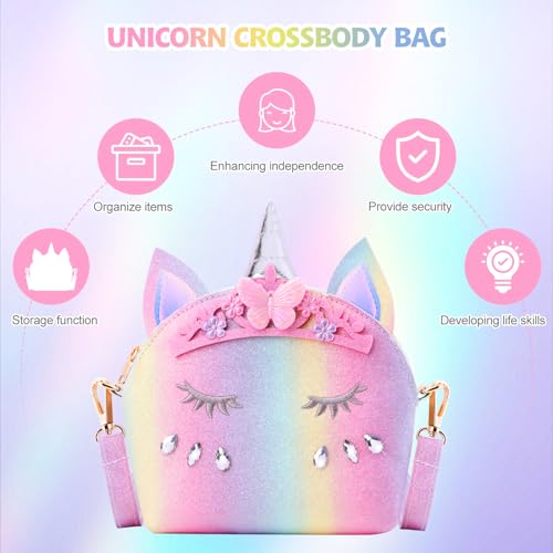 JYPS 7-Piece Toddler Purse Set with Pretend Play Jewelry – Unicorn Rainbow Crown Design for Girls Ages 2-9