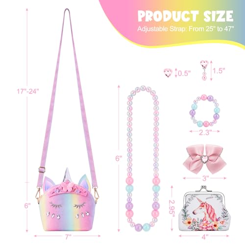 JYPS 7-Piece Toddler Purse Set with Pretend Play Jewelry – Unicorn Rainbow Crown Design for Girls Ages 2-9
