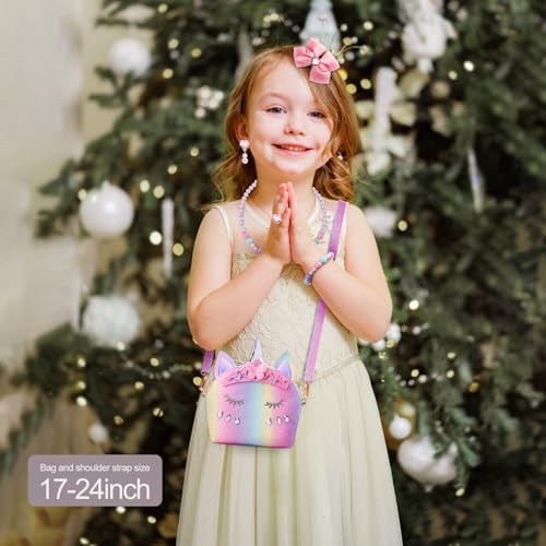 JYPS 7-Piece Toddler Purse Set with Pretend Play Jewelry – Unicorn Rainbow Crown Design for Girls Ages 2-9