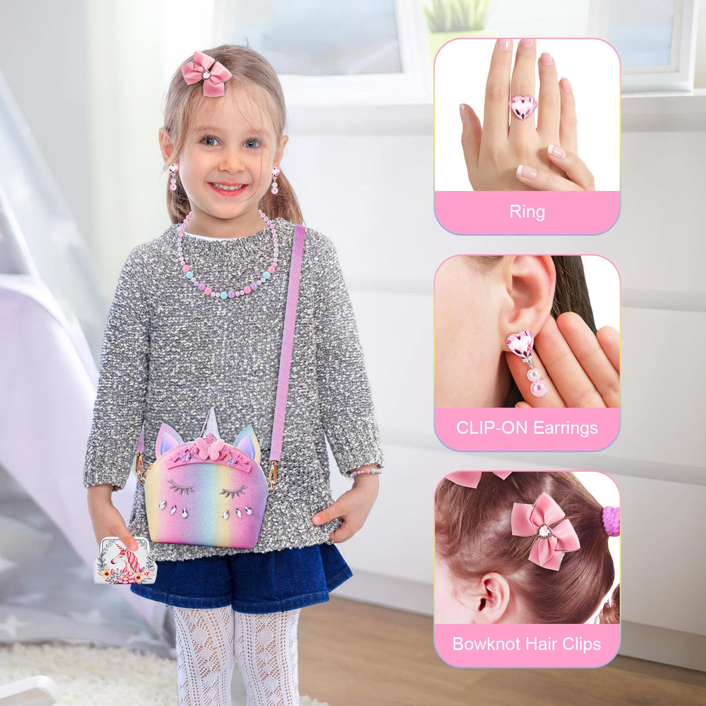 JYPS 7-Piece Toddler Purse Set with Pretend Play Jewelry – Unicorn Rainbow Crown Design for Girls Ages 2-9
