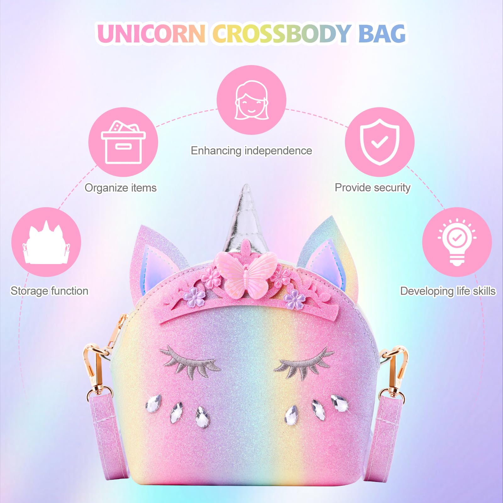 JYPS 7-Piece Toddler Purse Set with Pretend Play Jewelry – Unicorn Rainbow Crown Design for Girls Ages 2-9