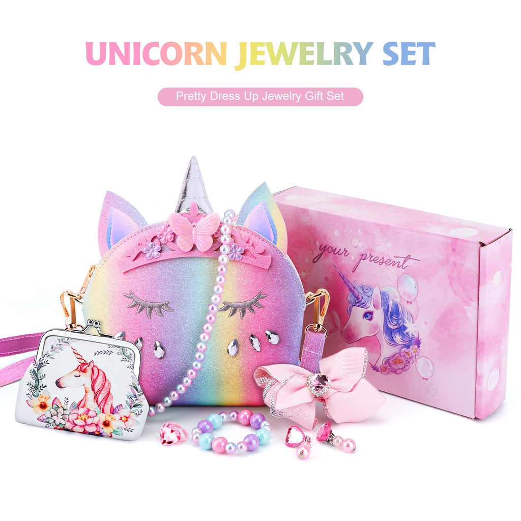 JYPS 7-Piece Toddler Purse Set with Pretend Play Jewelry – Unicorn Rainbow Crown Design for Girls Ages 2-9