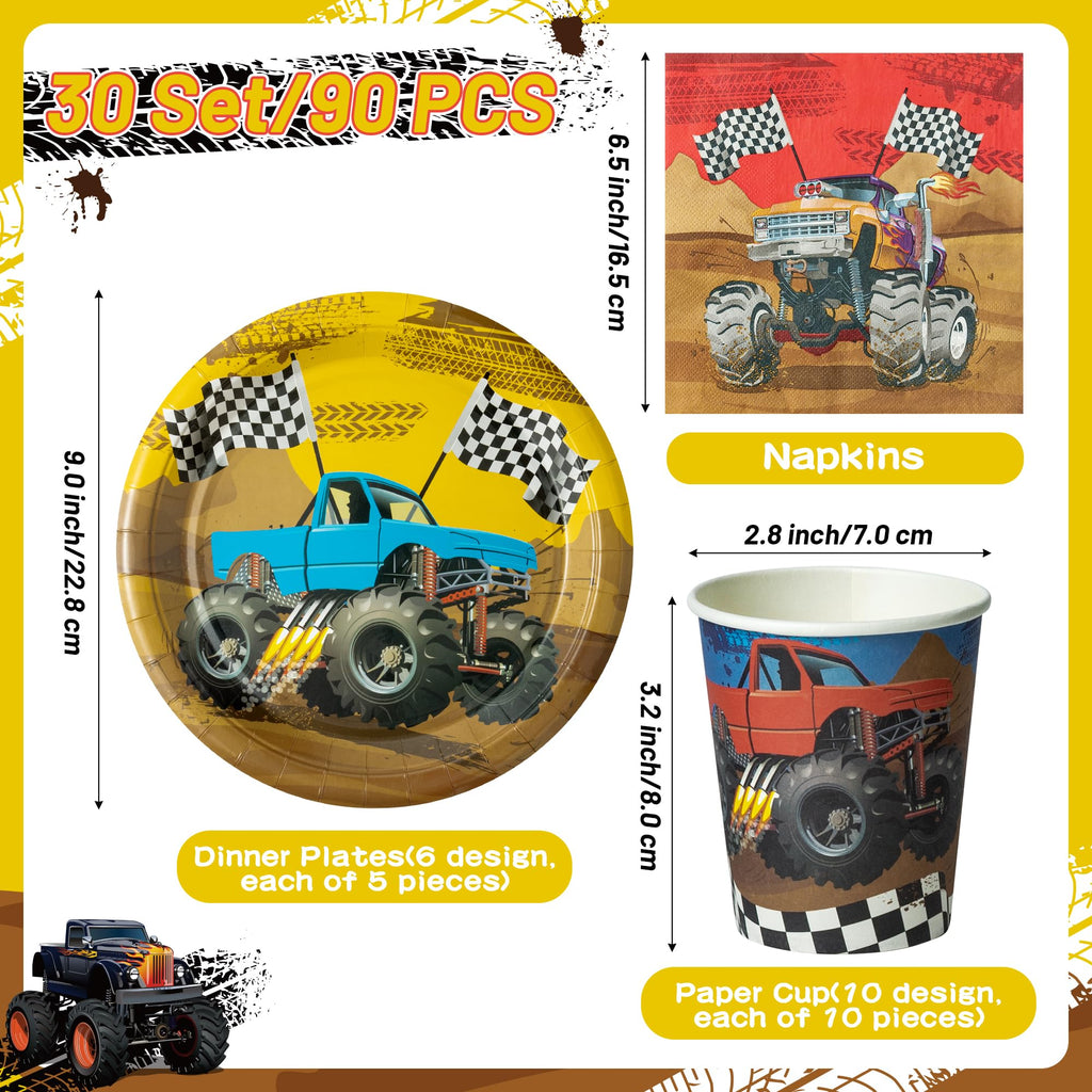 K1tpde Monster Truck Party Tableware Set – 90-Piece Disposable Plates, Cups & Napkins for 30 Guests