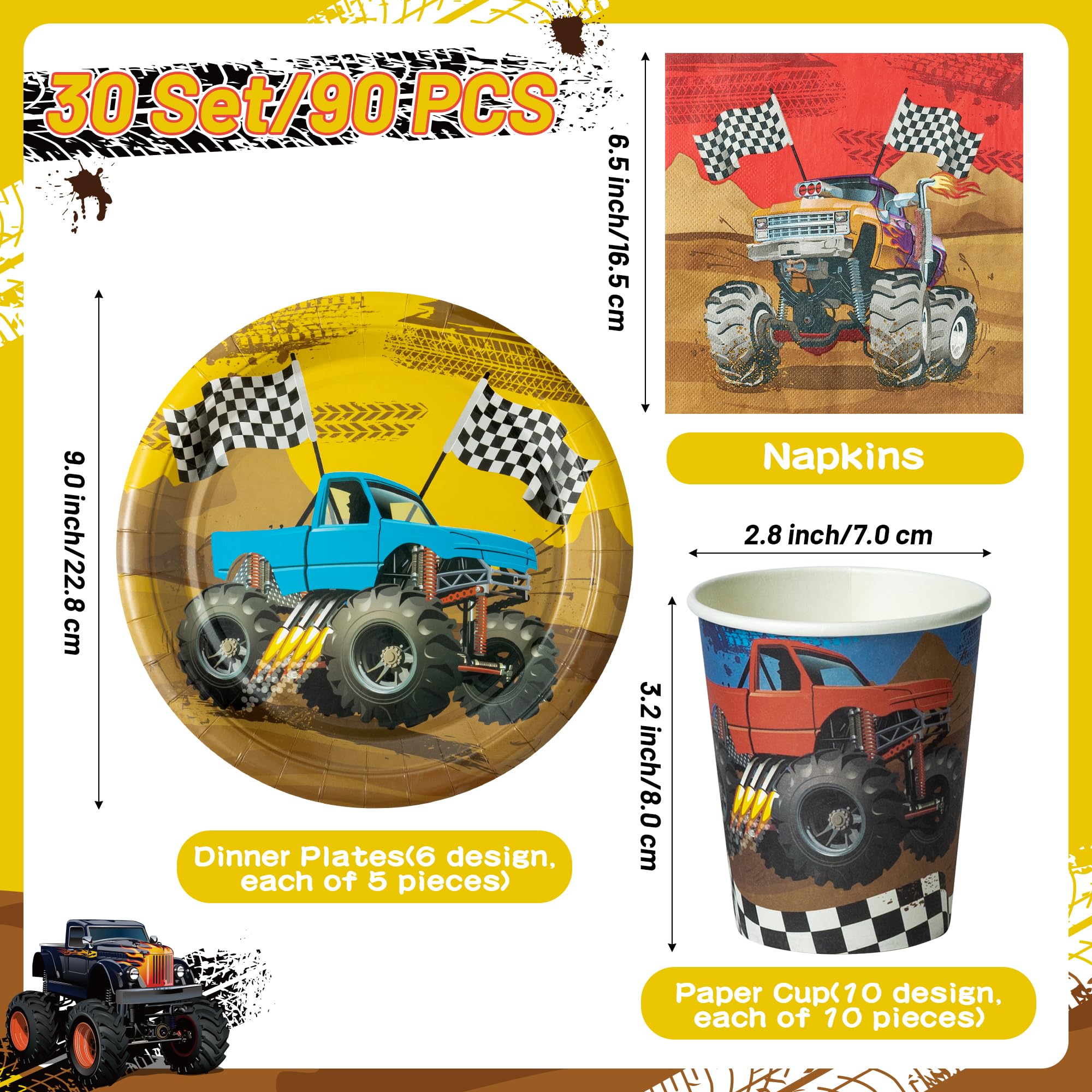 K1tpde Monster Truck Party Tableware Set – 90-Piece Disposable Plates, Cups & Napkins for 30 Guests