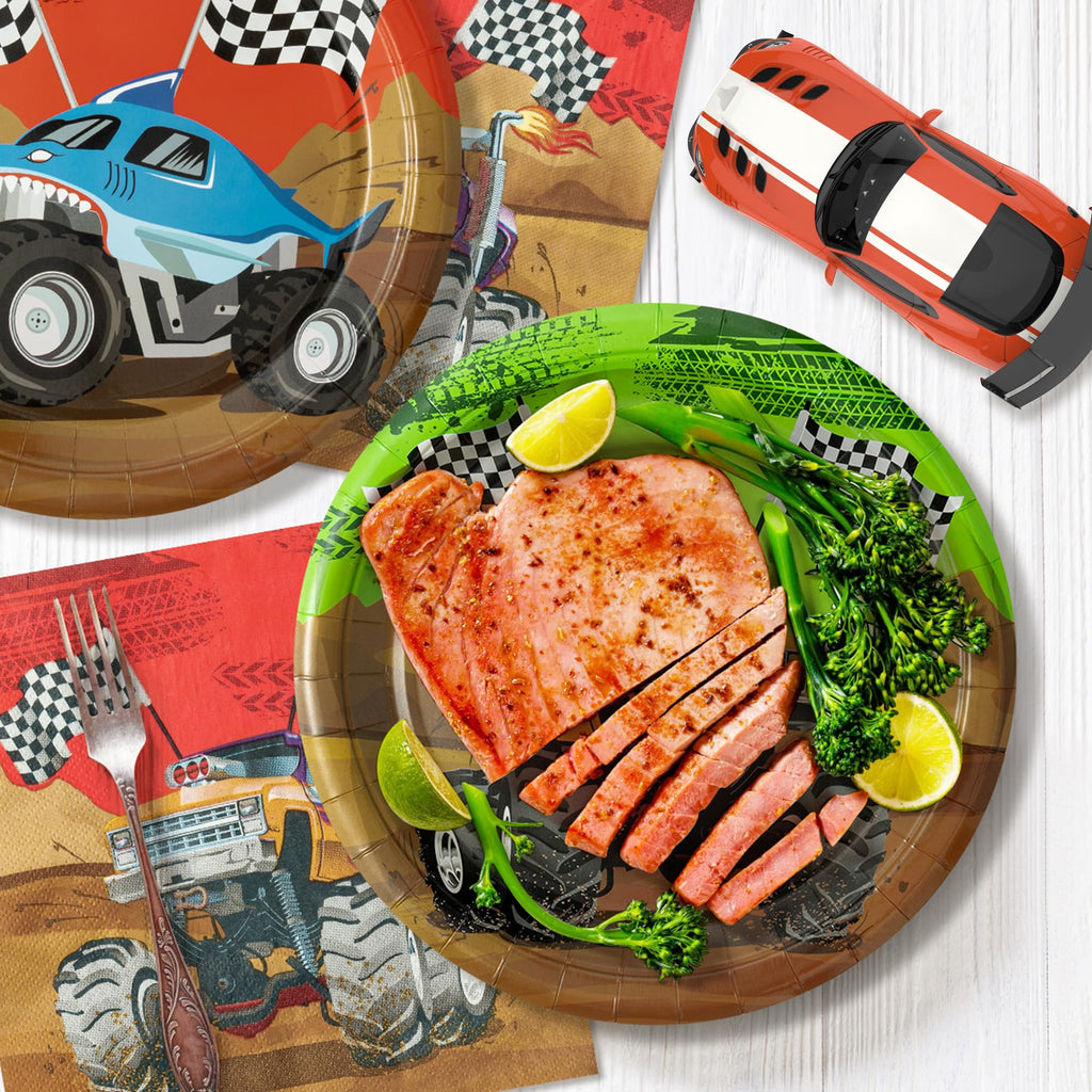 K1tpde Monster Truck Party Tableware Set – 90-Piece Disposable Plates, Cups & Napkins for 30 Guests