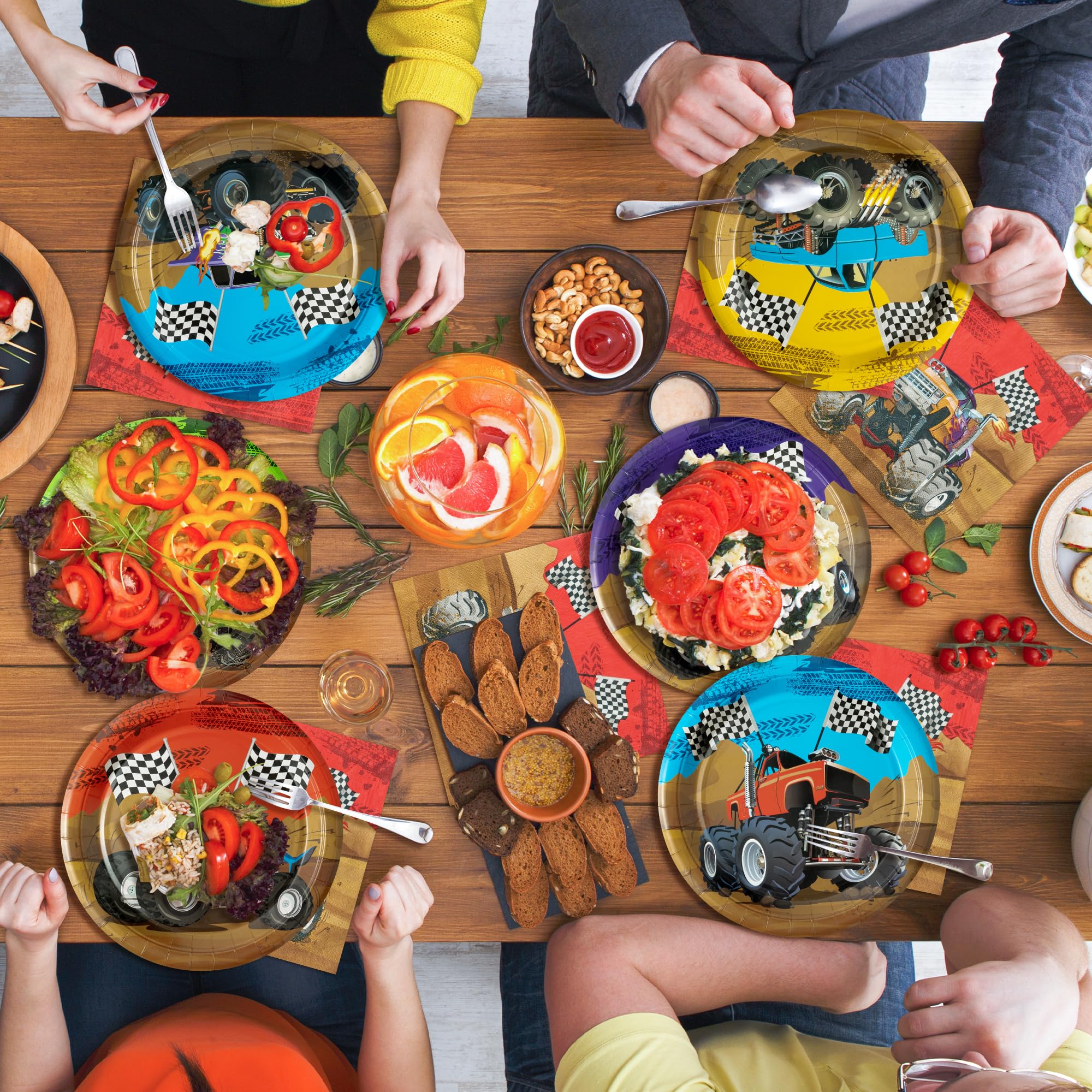 K1tpde Monster Truck Party Tableware Set – 90-Piece Disposable Plates, Cups & Napkins for 30 Guests