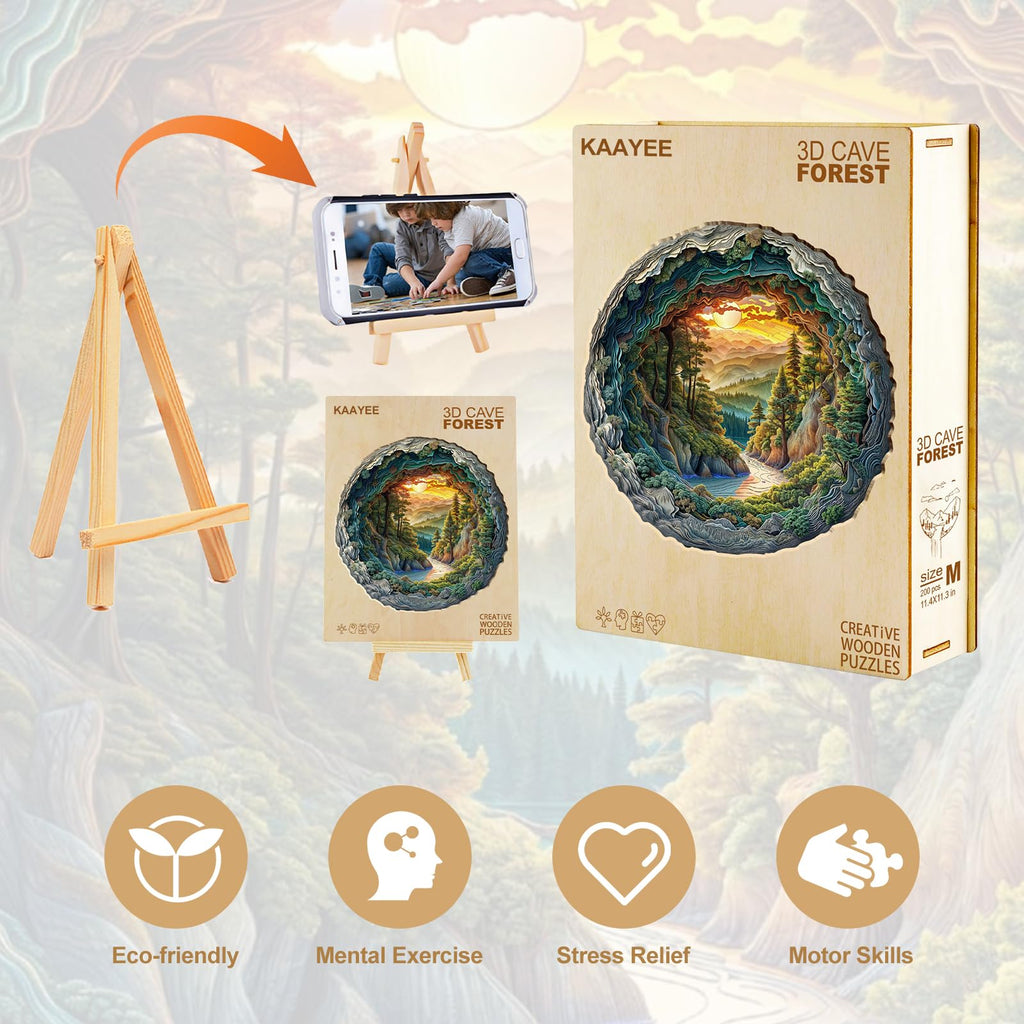 KAAYEE 3D Vision Wooden Puzzle – Cave Forest Scene, 100-Piece Laser-Cut Jigsaw (8.5 x 8.4 in)