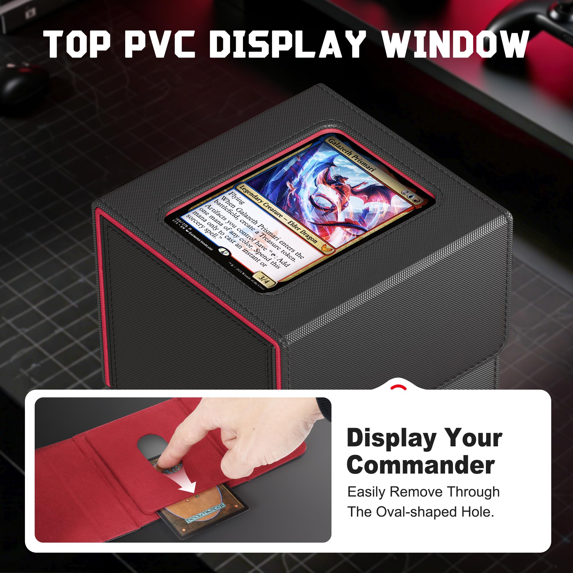 Kabinka MTG Deck Box with Window – Holds 110+ Double-Sleeved Cards, Fits Commander & TCGs (Black Red)