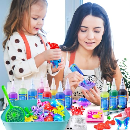 Kacwsoay Magic Water Elf Toy Kit: 12 Colors, 8 Animal Molds, DIY Squishies for Kids Ages 5+