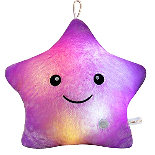 KAHEAUM Glowing Star Pillow for Kids - Soft Plush Throw Pillow with Light Up Feature, Purple