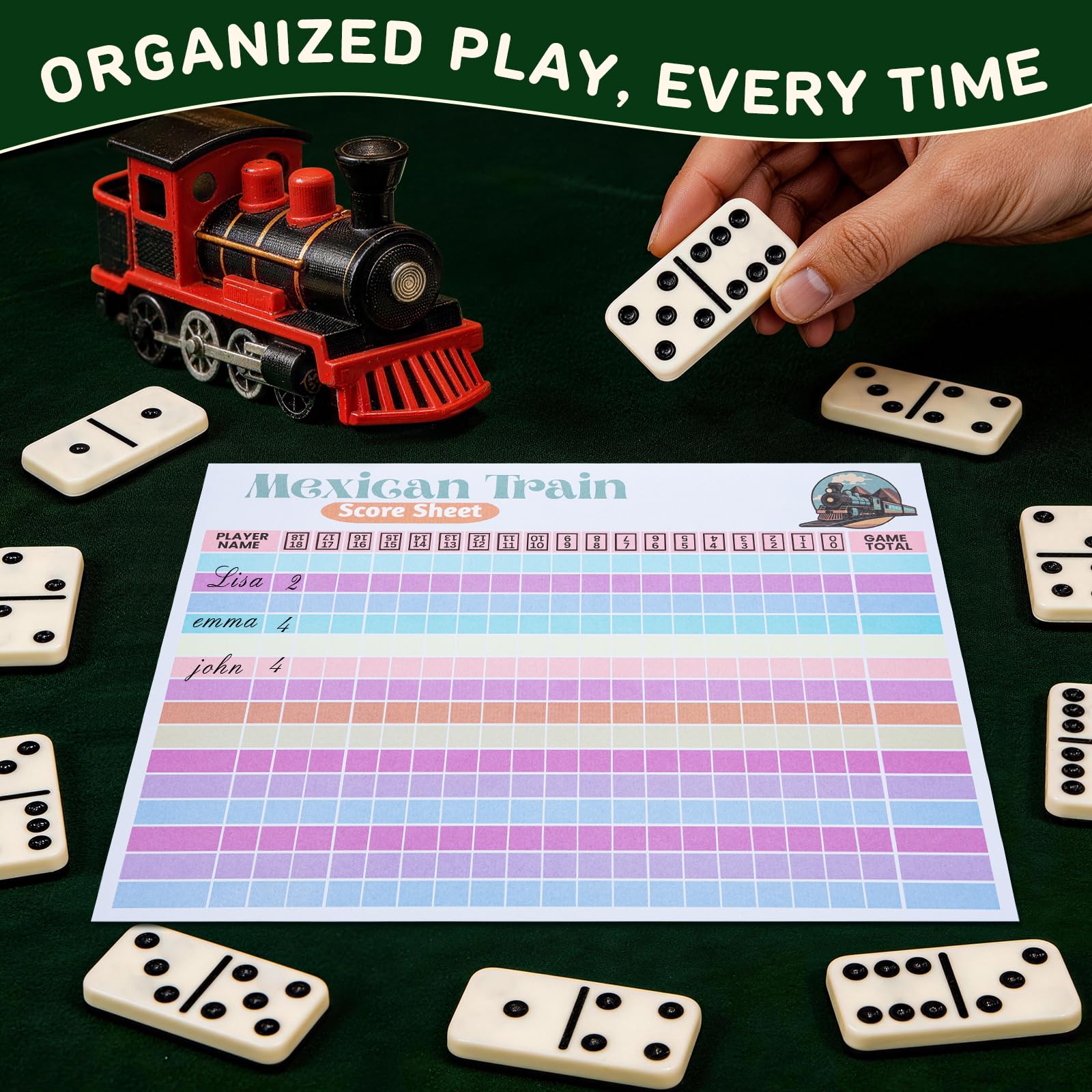 KAIU Mexican Train Score Pads – 150 Sheets, 18 Rounds per Sheet, Color-Coded Columns for Domino Games