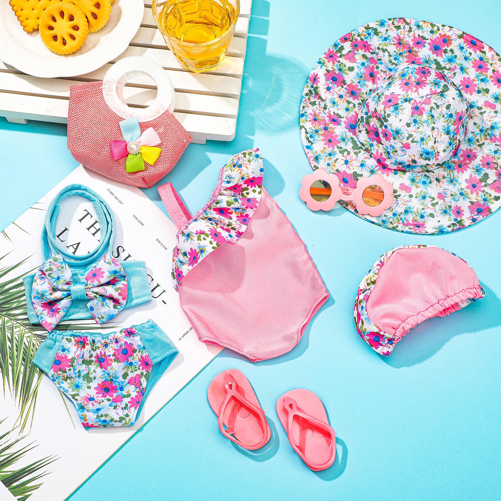 Kajaia 8-Piece 18 Inch Doll Beach Outfit Set with Swimsuits, Sunglasses, Hat and More