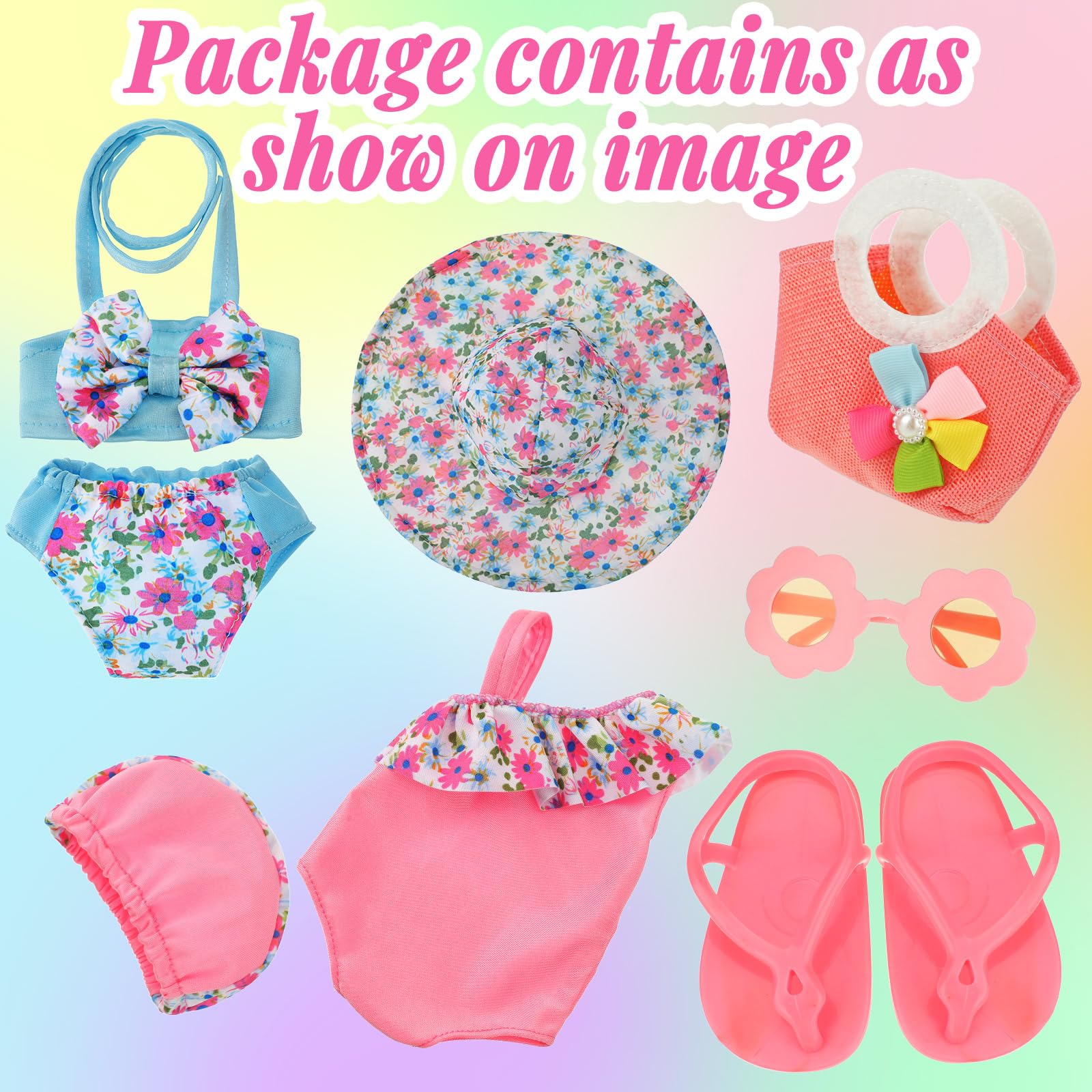 Kajaia 8-Piece 18 Inch Doll Beach Outfit Set with Swimsuits, Sunglasses, Hat and More