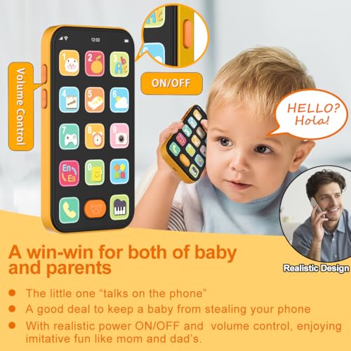 KALUYA Bilingual Baby Phone Toy - Orange Pretend Play Cell Phone with 100+ Sounds, English/Spanish, Ages 6 Months+