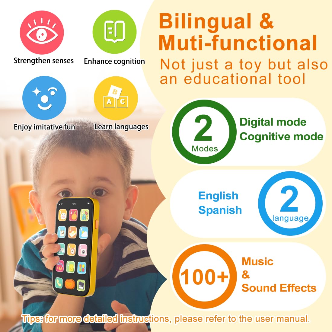 KALUYA Bilingual Baby Phone Toy - Orange Pretend Play Cell Phone with 100+ Sounds, English/Spanish, Ages 6 Months+