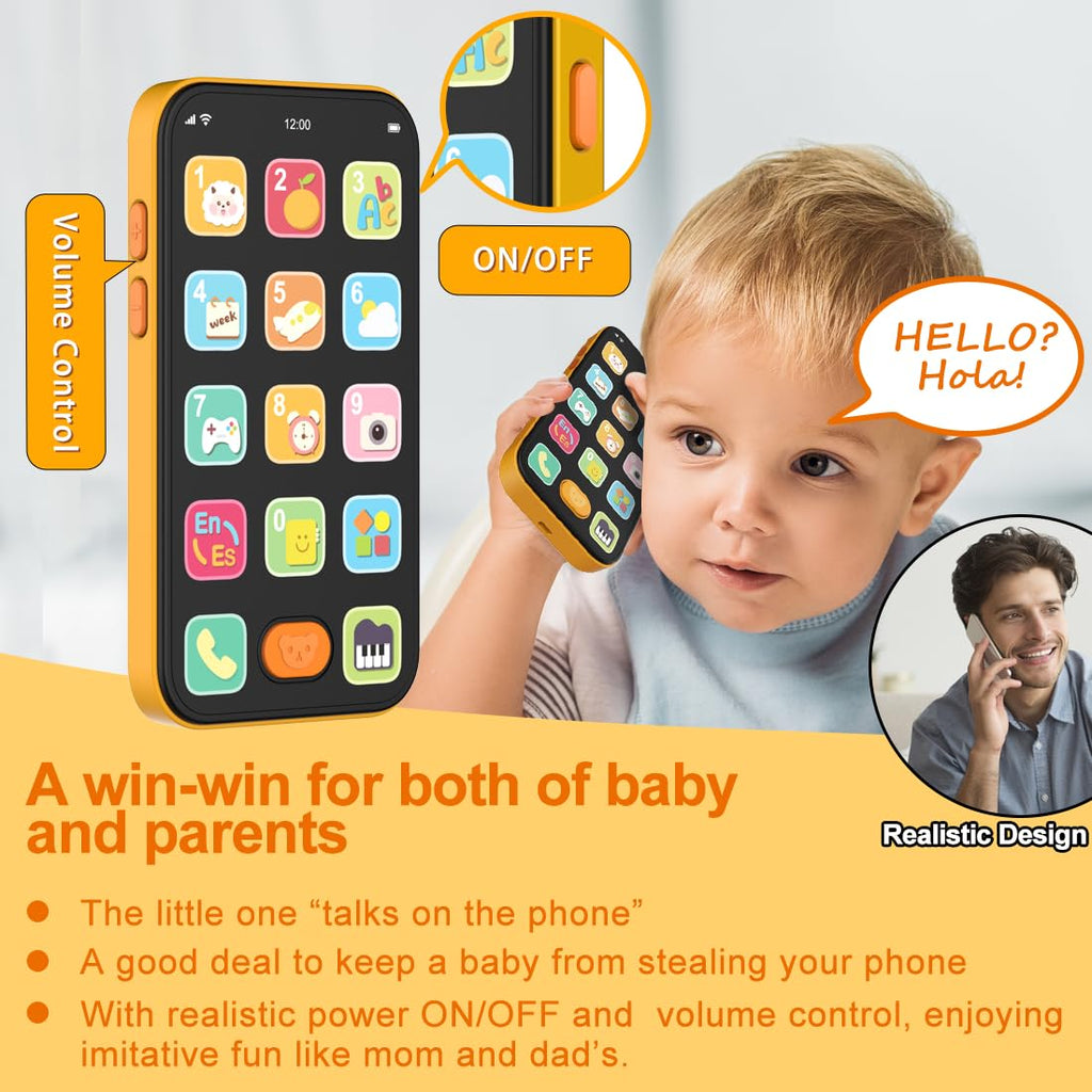 KALUYA Bilingual Baby Phone Toy - Orange Pretend Play Cell Phone with 100+ Sounds, English/Spanish, Ages 6 Months+