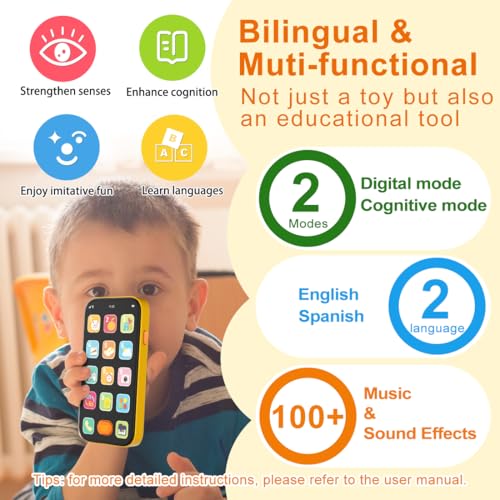 KALUYA Bilingual Baby Phone Toy - Orange Pretend Play Cell Phone with 100+ Sounds, English/Spanish, Ages 6 Months+