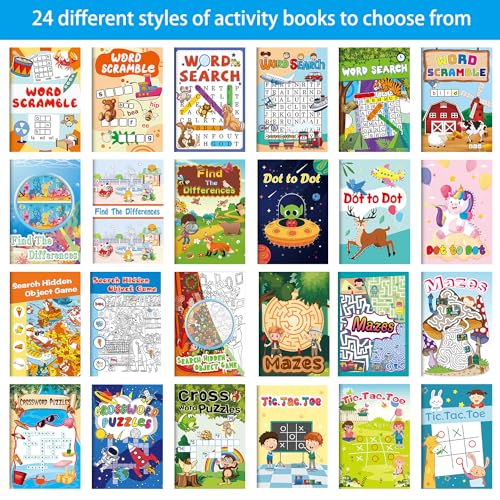 Kalysky 24 Mini Activity Books for Kids Ages 4-12 – Party Favors, Travel Games & Brain Puzzles (384 Activities)