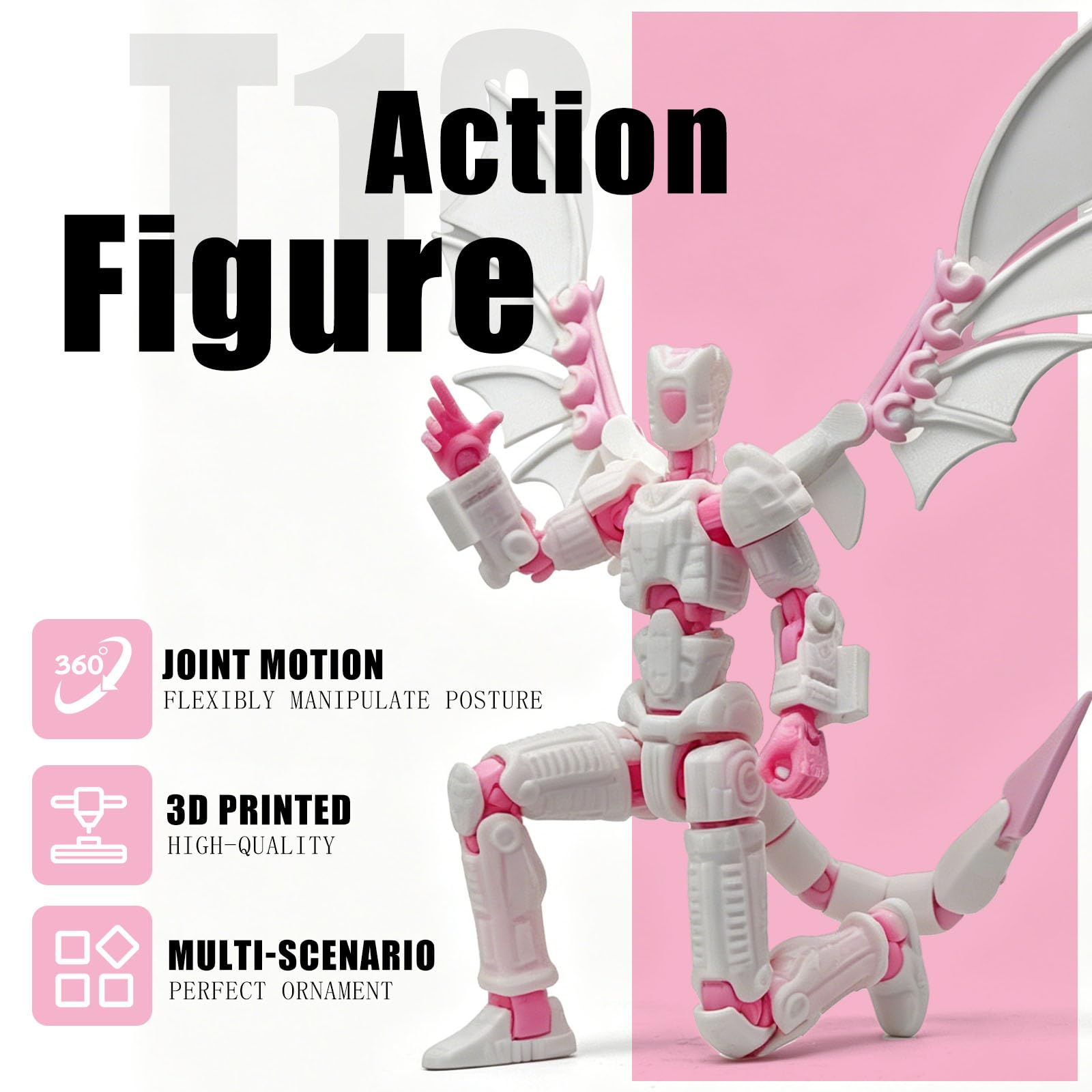 KAMOVNY T13 3D Printed Action Figure – Pink, Fully Assembled, Multi-Jointed with Dragon & Weapons