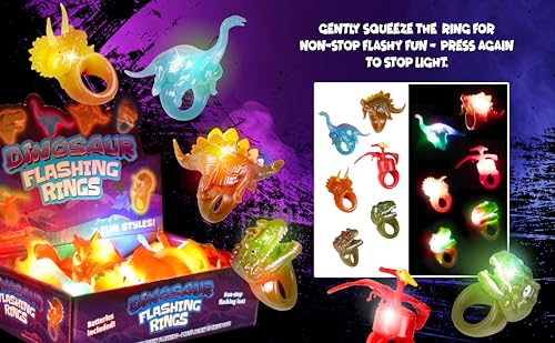 Kangaroo 12-Pack Dinosaur LED Light-up Rings - Flashing Glow in the Dark Party Favors