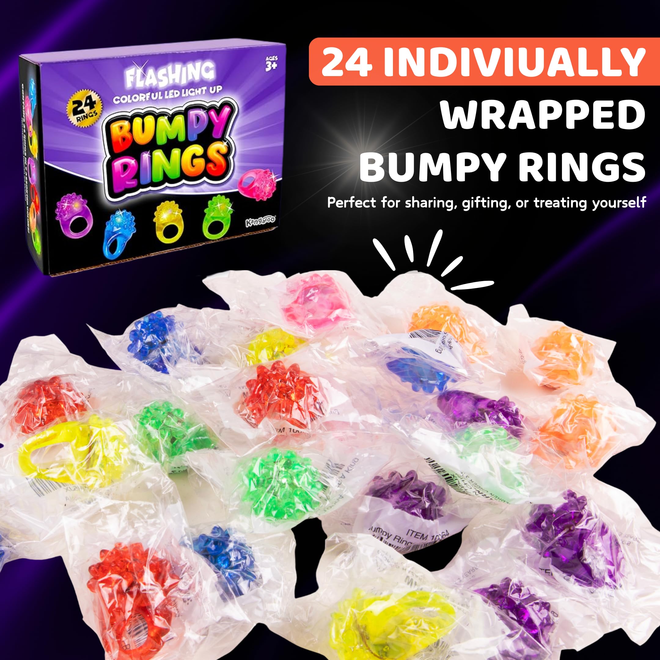Kangaroo 24 Pack LED Light Up Rings - Bulk Flashing Finger Lights for Parties, Easter, and Rave Favors