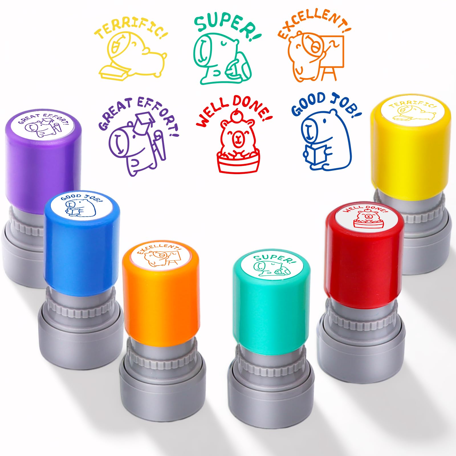Kapibala 6-Piece Self-Inking Teacher Stamps Set - Motivational Grading Stamps with Cute Capybara Designs for Classroom Rewards