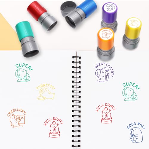 Kapibala 6-Piece Self-Inking Teacher Stamps Set - Motivational Grading Stamps with Cute Capybara Designs for Classroom Rewards