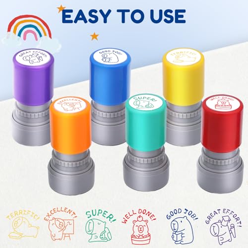 Kapibala 6-Piece Self-Inking Teacher Stamps Set - Motivational Grading Stamps with Cute Capybara Designs for Classroom Rewards