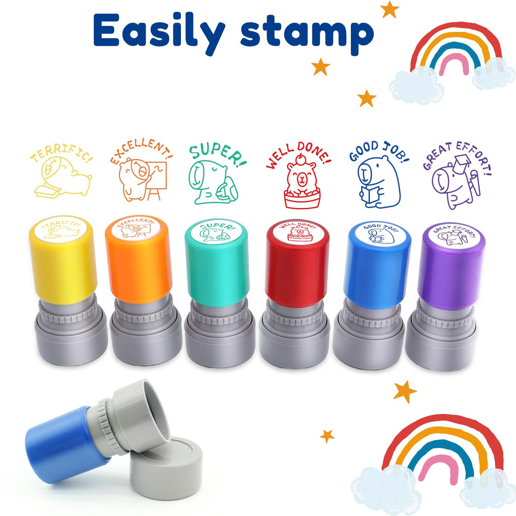 Kapibala 6-Piece Self-Inking Teacher Stamps Set - Motivational Grading Stamps with Cute Capybara Designs for Classroom Rewards