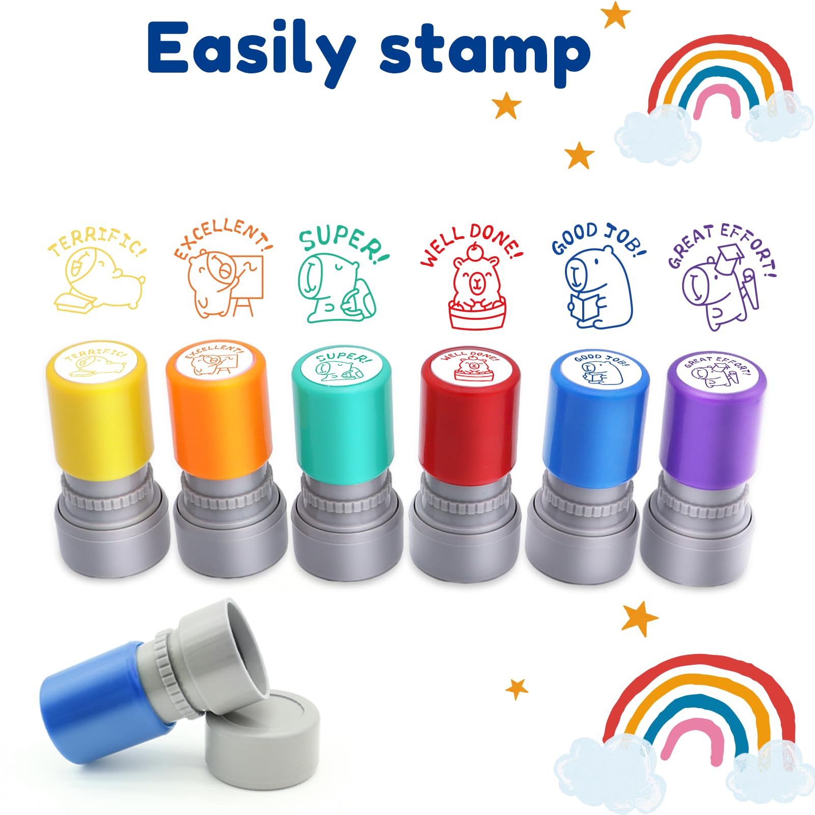 Kapibala 6-Piece Self-Inking Teacher Stamps Set - Motivational Grading Stamps with Cute Capybara Designs for Classroom Rewards